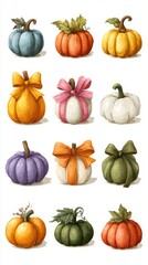Colorful collection of decorative pumpkins in various shapes and sizes for autumn celebrations