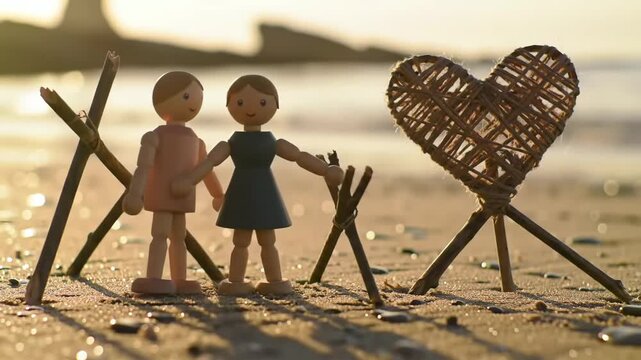 Miniature couple and heart on the beach at sunset, animated warmly with gentle movement and shifting light