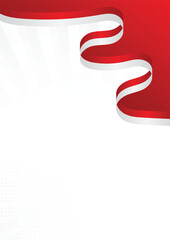 Red and White Wavy Ribbon Background with Sunburst Light Rays and Halftone Effect