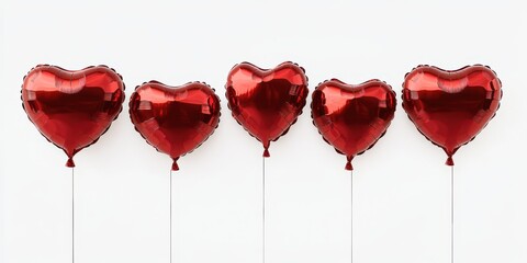 Celebration with red heart-shaped balloons hanging against a white background for special occasions like anniversaries or Valentine's Day