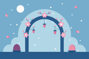 dreamy floral arch surrounded by floating lanterns