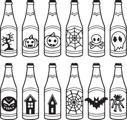 Set of Halloween themed black and white bottle icons with spooky designs for decoration and crafts