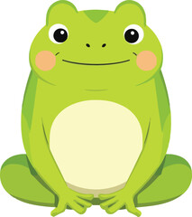 A cheerful, cartoon green frog sits contentedly, displaying a friendly expression.