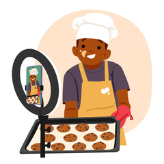 Boy child blogger shooting video of cooking biscuits master-class for social media cartoon scene