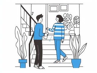 Greeting at the Door: A Minimalist Illustration of Home, Plants, and Friendship with two people interacting on the doorstep.