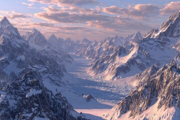 Snowy mountain range panorama at dawn