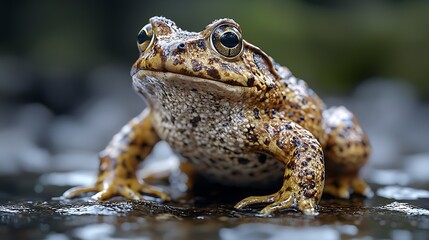 Toad Sitting on Wet Surface Looking at Camera