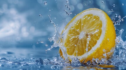 Splash of sliced lemon with water drops over blue background