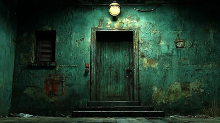 Old Doorway Entrance with Steps and Weathered Green Wall Texture