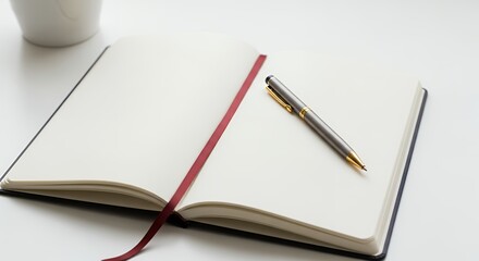 An open journal with blank pages and a pen, representing potential and self-expression.