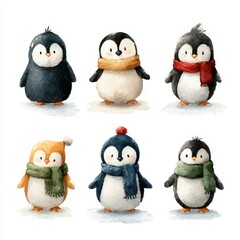 Cute penguin characters wearing colorful scarves gather happily in a wintery habitat, showcasing their playful nature and charm