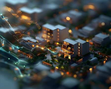 Night city skyline with data overlays, showing urban development and market trends.  Detailed urban models and illuminated buildings.  Dynamic lines illustrate economic fluctuations