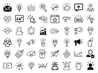 Digital Marketing and Communication Icon Set &ndash; Line Style Vector Pack Featuring Social Media, Email, Engagement, Analytics, SEO, and Content Marketing Elements for Web Design and Business Strategy