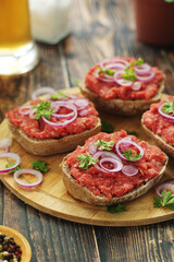 Traditional German sandwiches with minced meat Mettbroetchen	