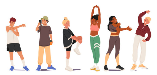 Boys and girls teenager cartoon characters doing sports for wellness enjoying active pastime set © Anna Syvak