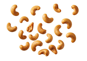 Scattered roasted cashew nuts, a healthy and delicious snack food ingredient. Isolated on transparent background, png
