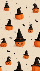 Seasonal Halloween decorations with smiling pumpkins in witch hats against a light background