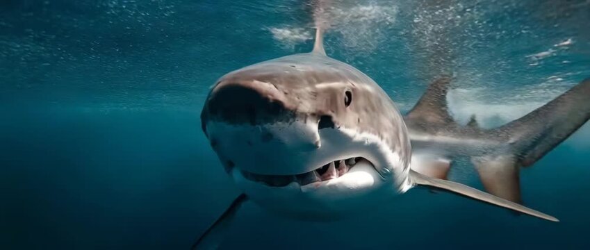 Close-up of a great white shark with its jaws and fangs open, shattering the water