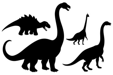 Group of different dinosaurs black silhouette vector illustration