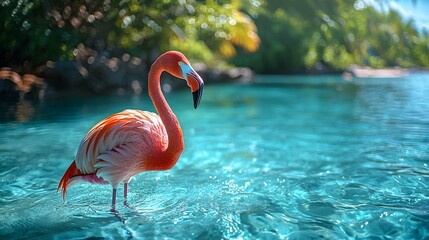 Fototapeta premium Graceful flamingo wading in crystalline tropical waters