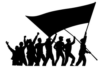 Group people protest holding flag silhouette vector illustration