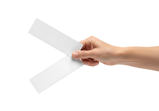 Woman's hand holding two blank white paper tickets or coupons for mockup. Isolated on transparent background, png