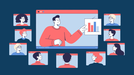 professional presenter leading a virtual webinar with a chart vector illustration, online presentation, e-learning and corporate training