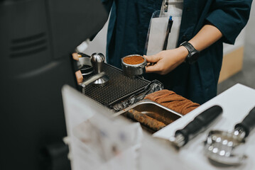 Close-up of hand Barista holding portafilter and coffee tamper making an espresso coffee.