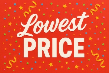 Bold white text on a vibrant red background reads "Lowest Price," surrounded by colorful confetti and stars, conveying a festive discount or sale theme.