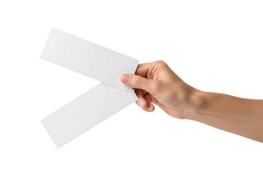 Woman's hand holding two blank white paper tickets or coupons for mockup. Isolated on transparent background, png
