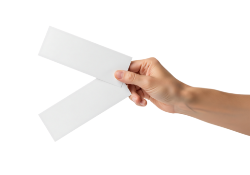 Woman's hand holding two blank white paper tickets or coupons for mockup. Isolated on transparent background, png