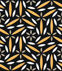 Seamless abstract floral pattern with a composition of stylized white and yellow flowers and leaves on a black background in a simple retro style. Geometric vector illustration.