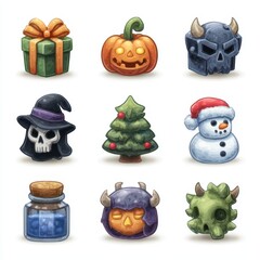 Colorful Halloween themed icons include gifts, spooky elements, and winter decorations suitable for festive designs