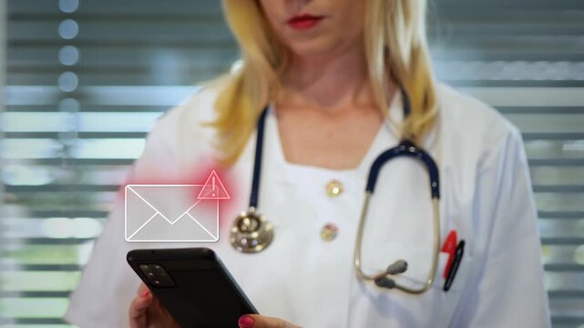Female doctor on phone with warning message animation. EHR and EMR data theft and cybersecurity risks in healthcare