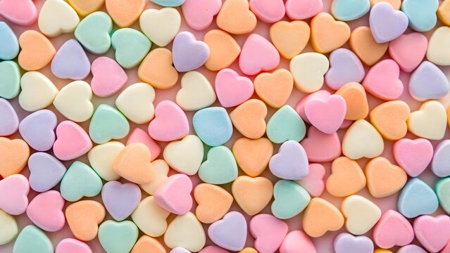 A vibrant assortment of pastel heart shaped candies