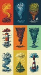 Artistic representation of weather phenomena including tornadoes and storms throughout various seasons in different environments