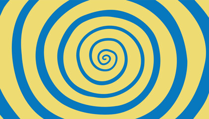 Vector hand drawn psychedelic retro twist. Background spiral optical illusion depth. blue, yellow Illustration of vortex, op art effect.
