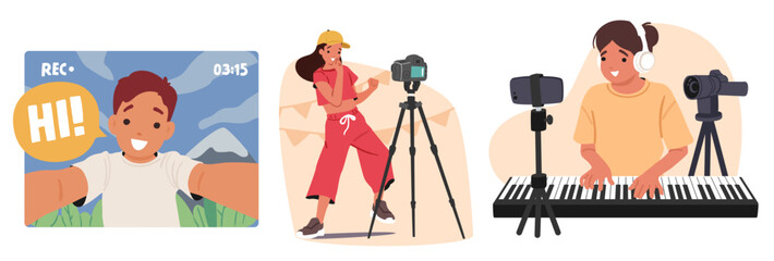 Excited experienced kids bloggers shooting sport training and music lesson tutorial, travel video