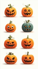 Creative collection of Halloween pumpkins with various faces arranged in a grid for festive decoration