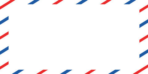 Airmail Envelope frame images with strips. International vintage letter border. Retro air mail postcard with blue and red stripes.  Empty classic postal frame. Vector illustration