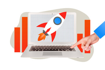 Сollage artwork 3d picture of male hand showing graphic financial development improving isolated on drawing background