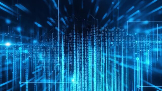 Dynamic Data Visualization with Glowing Binary Code and Light Trails Creating a Futuristic Aesthetic, Capturing the Essence of Modern Technology and Digital Transformation