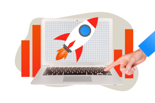 Сollage artwork 3d picture of male hand showing graphic financial development improving isolated on drawing background