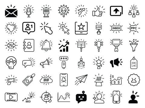 Digital Marketing and Communication Icon Set &ndash; Line Style Vector Pack Featuring Social Media, Email, Engagement, Analytics, SEO, and Content Marketing Elements for Web Design and Business Strategy
