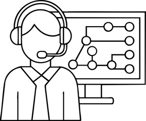 Health product distribution icon showing support agent with headset and network diagram monitor