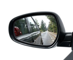 Reflections of a scenic drive in side mirror serene road nature tranquil environment isolated on transparent background, png