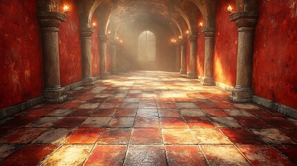 Hallway with Columns and Stone Floor Lit by Sunlight