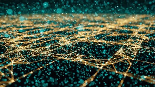 An Intricate Network of Golden Lines and Blue Particles Representing a Thriving Digital Landscape with Depth and Complexity in a Prototypical Data Visualization Scene