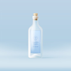Minimal transparent bottle vector mockup with pastel blue background, perfect for showcasing branding, packaging design, or product display visuals.