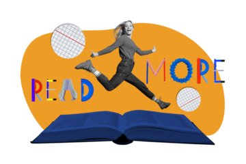 Creative graphics collage painting of excited funky lady jumping enjoying reading isolated drawing background